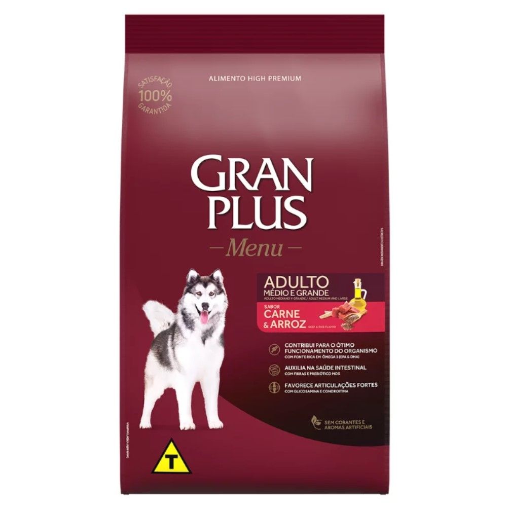 Ração GranPlus Menu Cães Adultos Porte Médio e Grande Carne e Arroz 15Kg