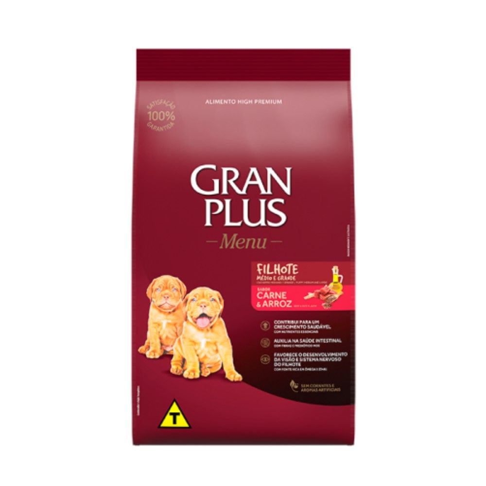 Ração GranPlus Menu Cães Filhotes Raças Médias e Grandes Carne e Arroz 15Kg