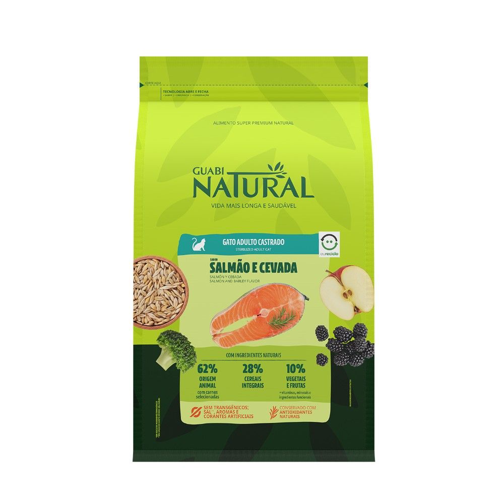 Ração Guabi Natural para Gatos Adultos Castrados Sabor Salmão e Cevada 7,5kg