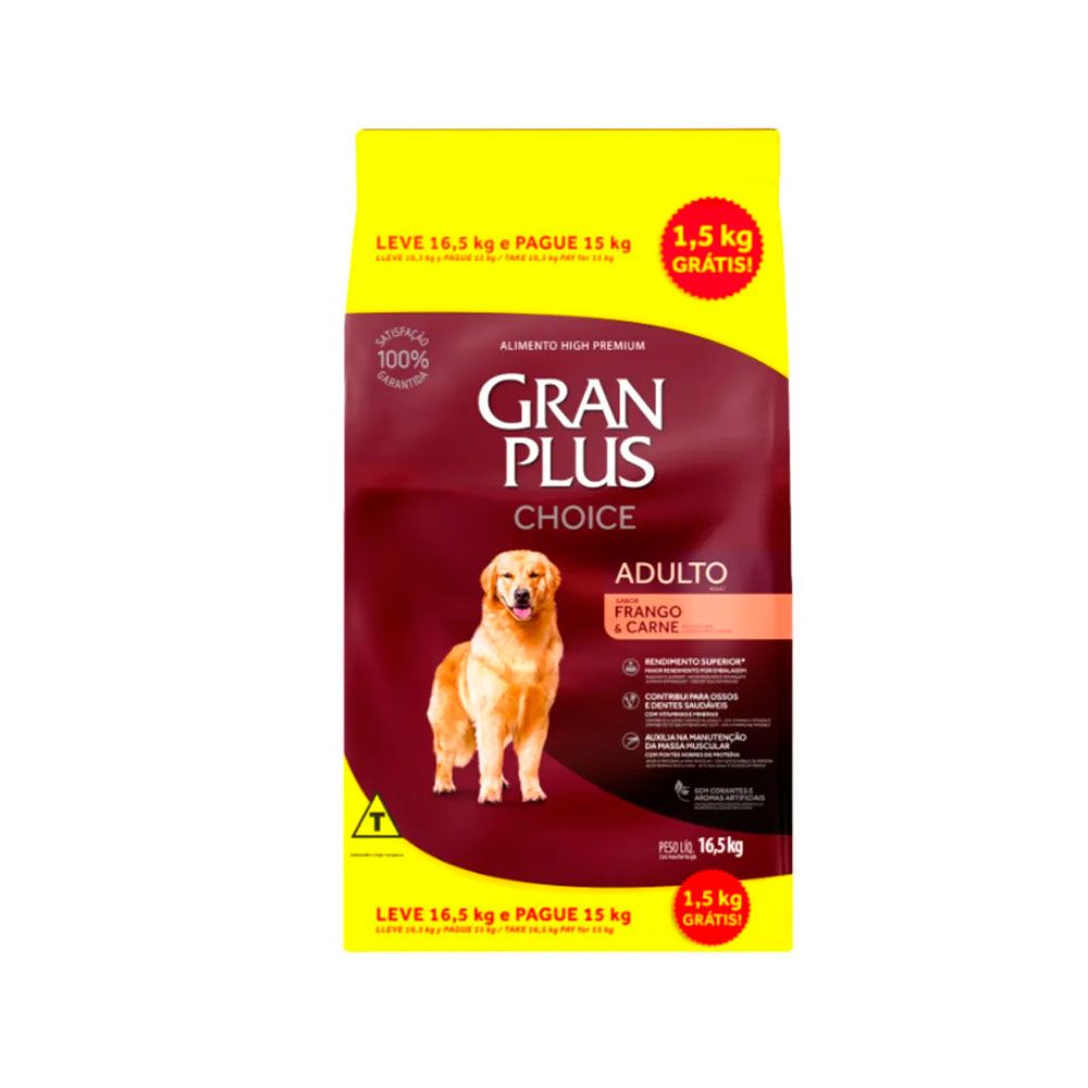 Ração GranPlus Choice Frango e Carne Cães Adultos Pague 15kg + 1,5kg