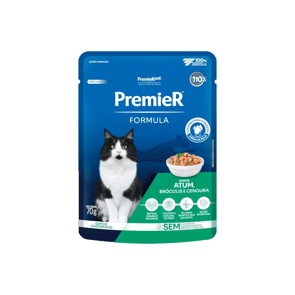 Sachê Premier Fórmula Gatos Castrados Atum, Brócolis e Cenoura 70g