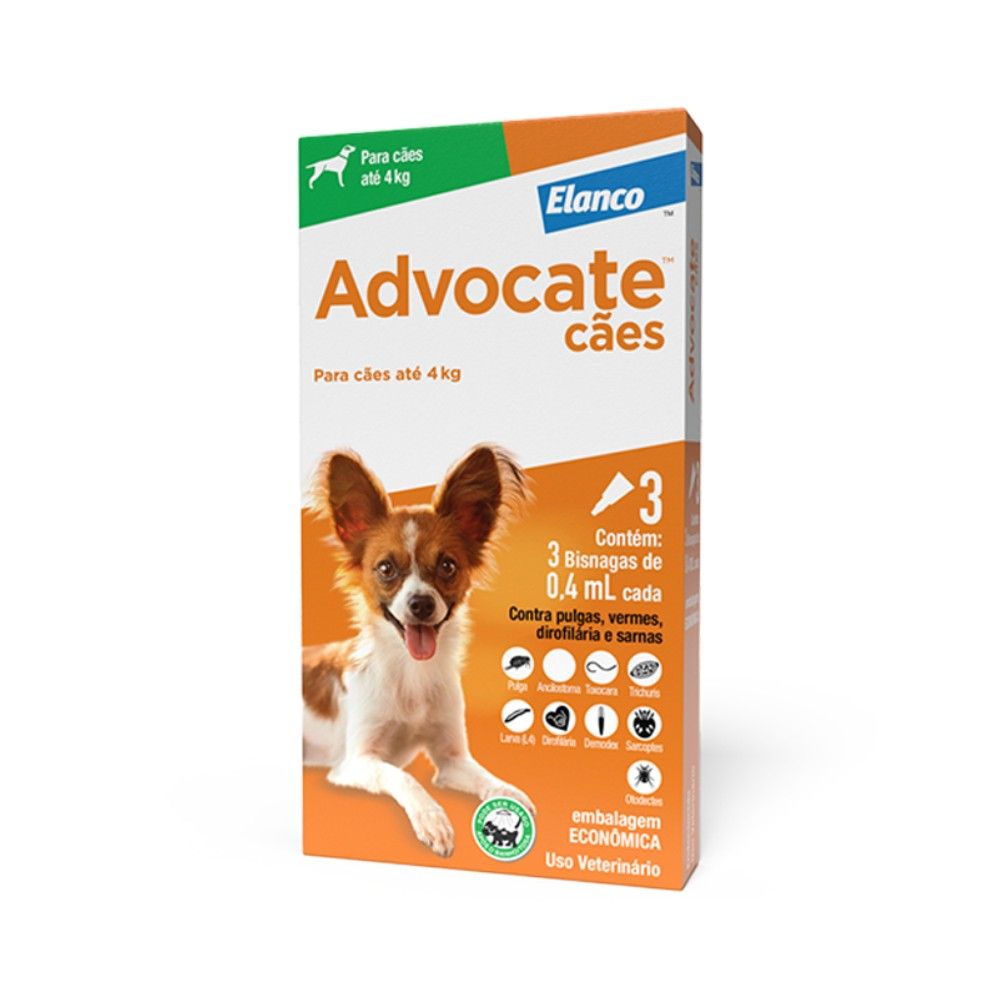Antipulgas Advocate Elanco Para Cães Até 4Kg 03 Bisnagas 0,4mL
