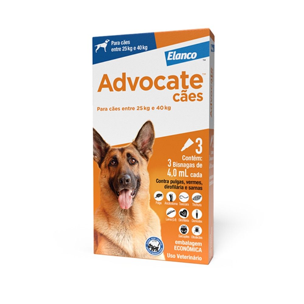 Antipulgas Advocate Elanco Para Cães Entre 25Kg e 40Kg 03 Bisnagas 4mL