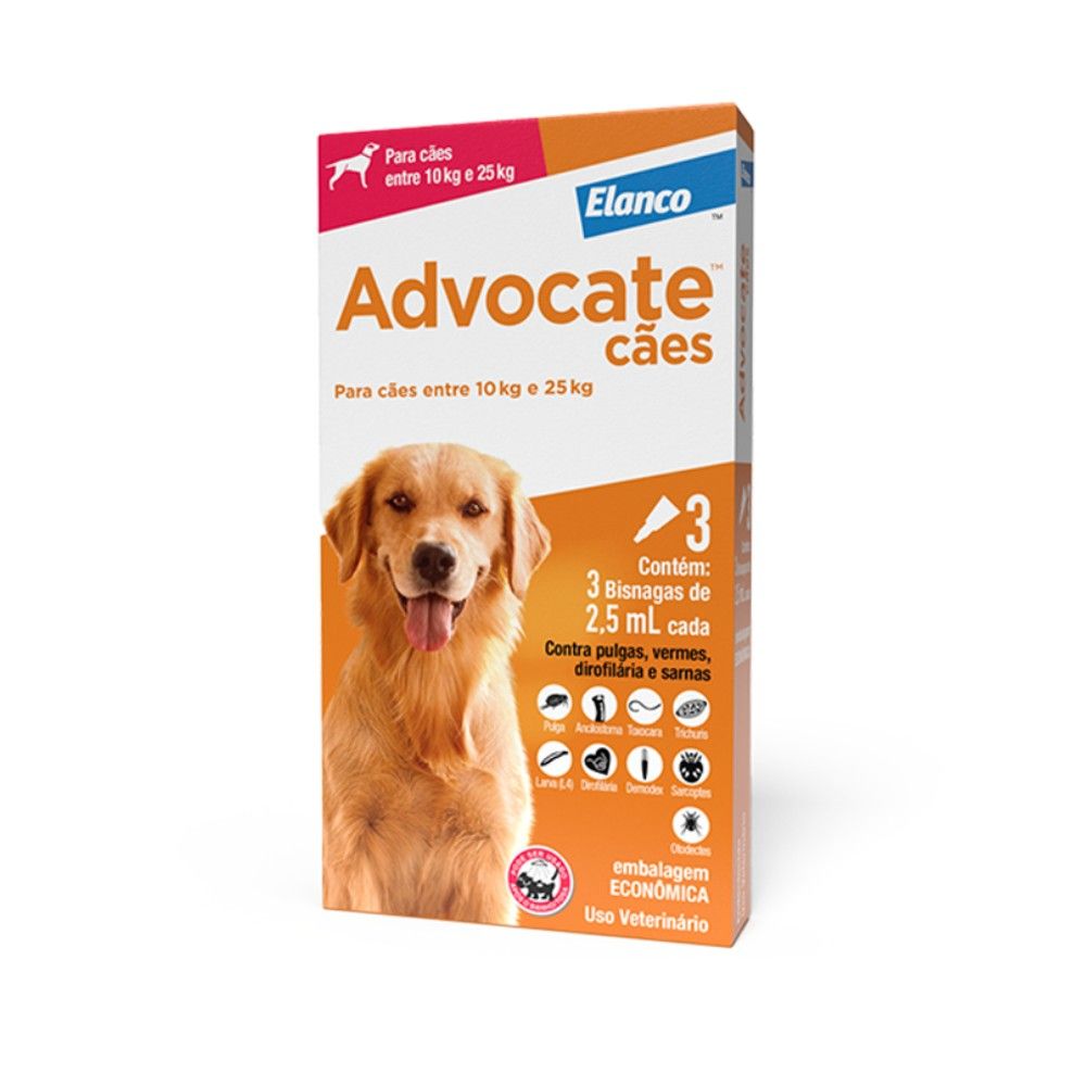Antipulgas Advocate Elanco Para Cães Entre 10Kg e 25Kg 03 Bisnagas 2,5mL