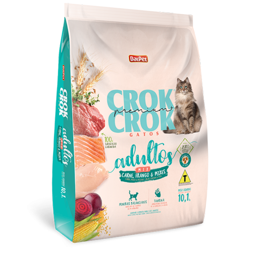 Ração Crok Crok Para Gatos Adultos Sabor Mix, Carne, Frango e Peixes 10,1Kg