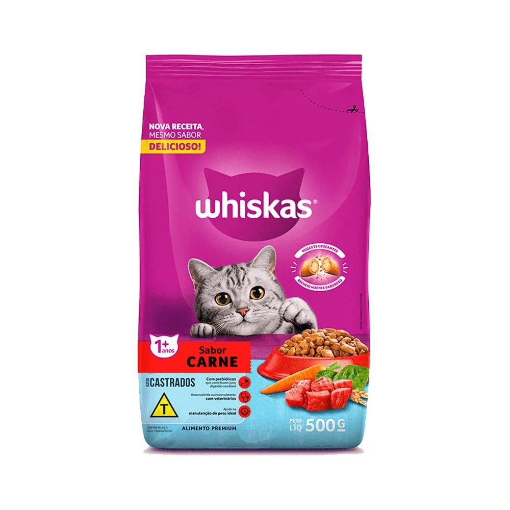 Ração Whiskas para Gatos Adultos Castrados Sabor Carne 500g
