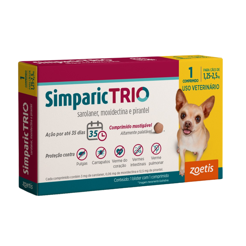 Antipulgas Simparic Trio 3 mg para Cães 1,25 a 2,5kg 1 comprimido