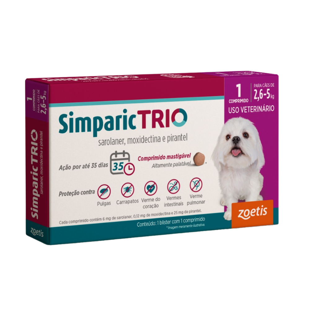 Antipulgas Simparic TRIO  6mg para Cães 2,6 a 5kg  1 comprimido
