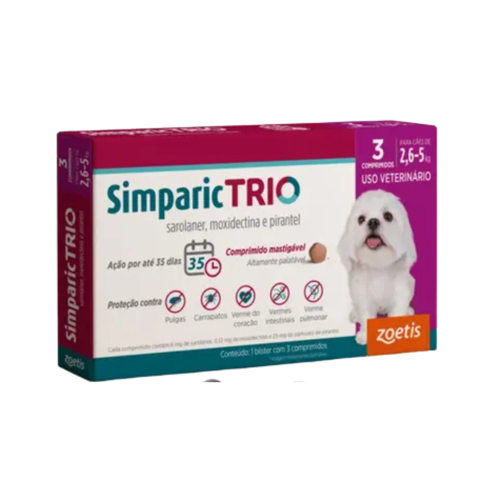 Antipulgas Simparic TRIO 6mg para Cães 2,6 a 5kg  3 comprimidos