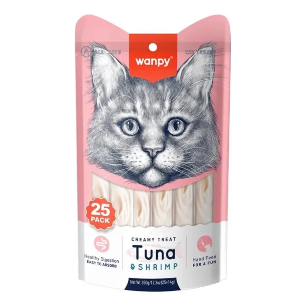 Petisco para Gatos Wanpy Creamy Sabor Atum e Camarão Pacote 25 tubos 14g