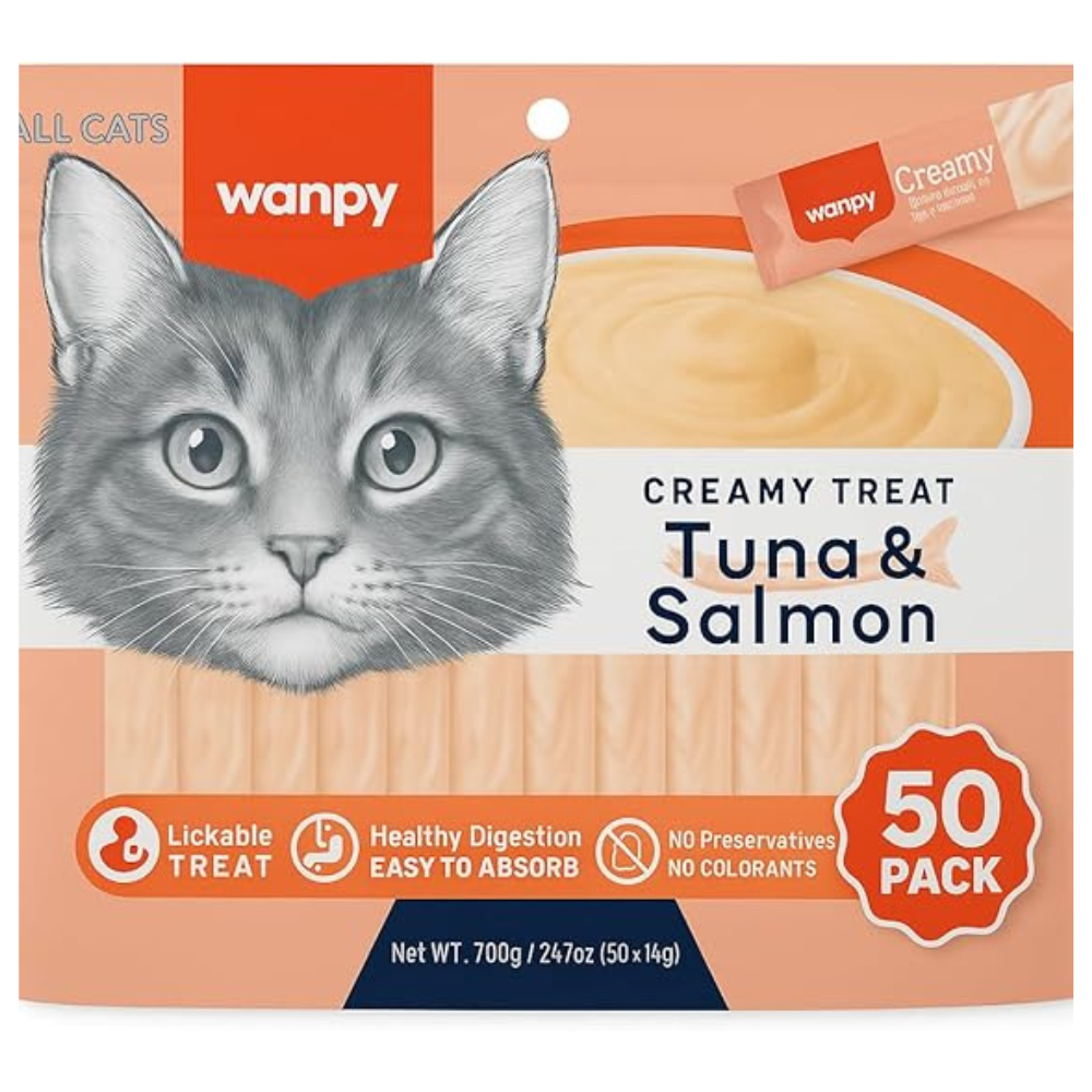 Petisco para Gatos Wanpy Creamy Sabor Atum e Salmão Pacote 50 tubos 14g