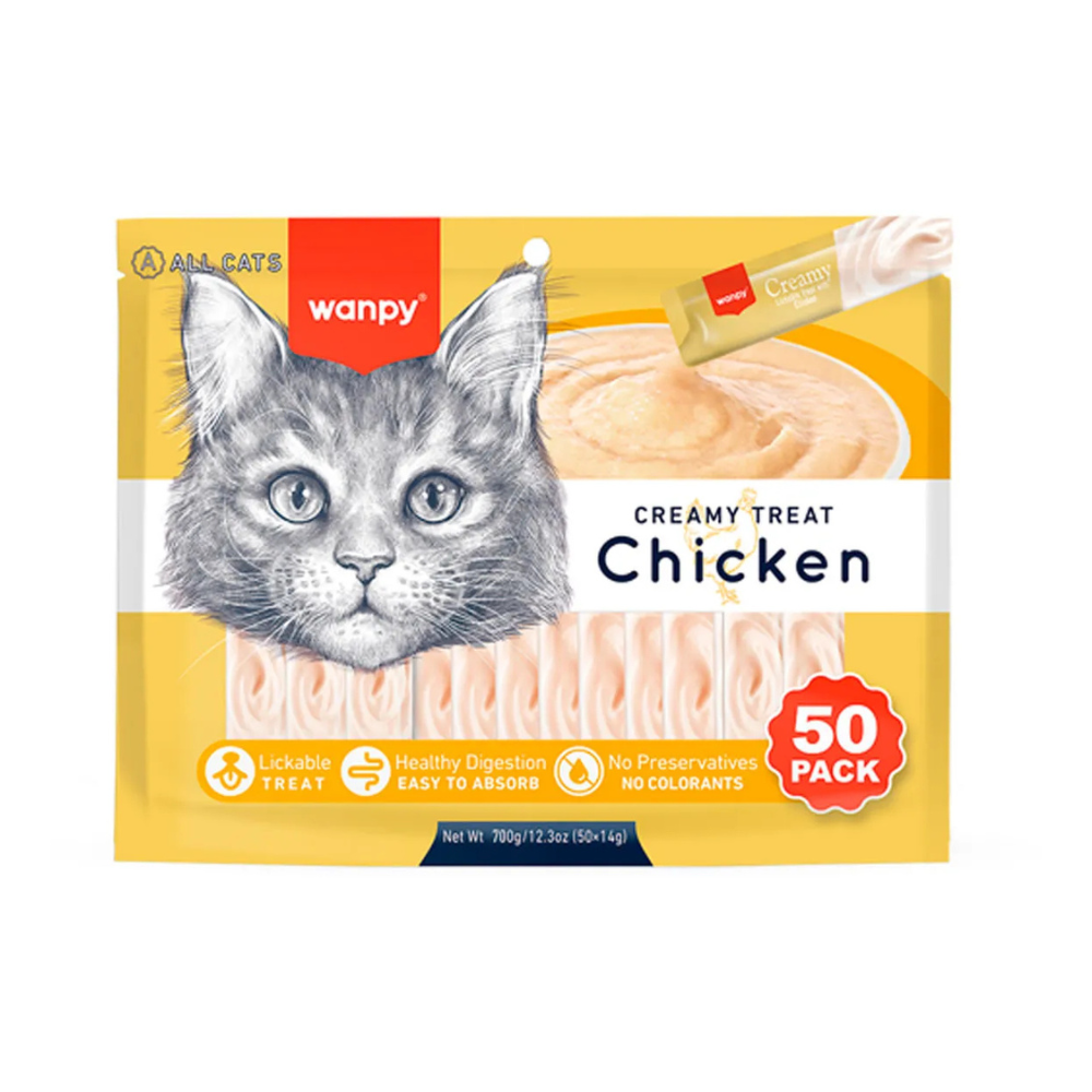 Petisco para Gatos Wanpy Creamy Sabor Frango Pacote 50 tubos 14g